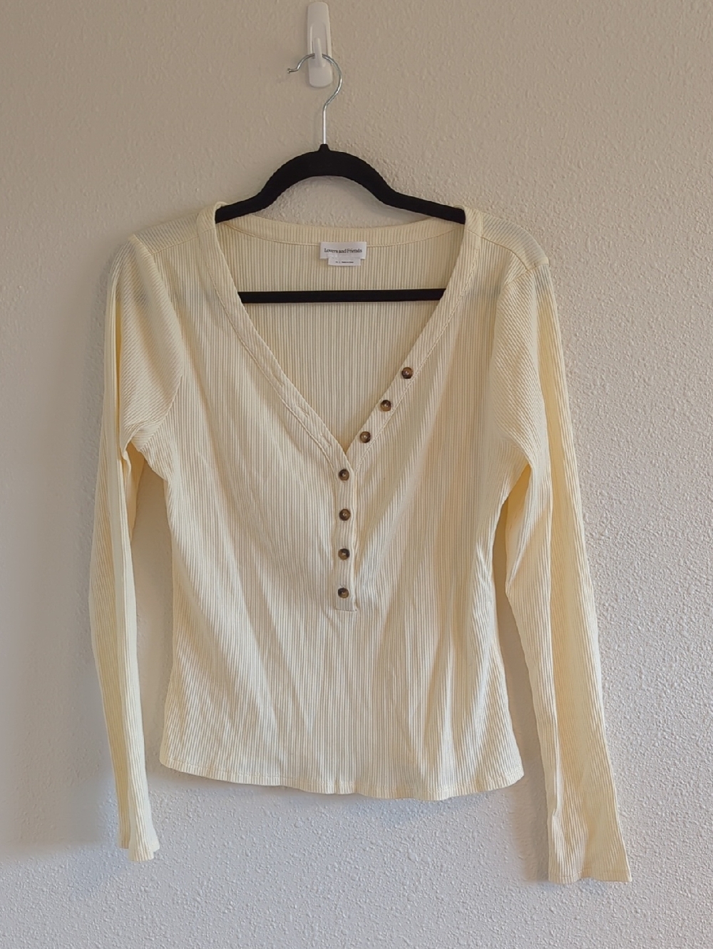 Lovers and Friends Long Sleeve Ribbed Henley Top - Cream - Size XL